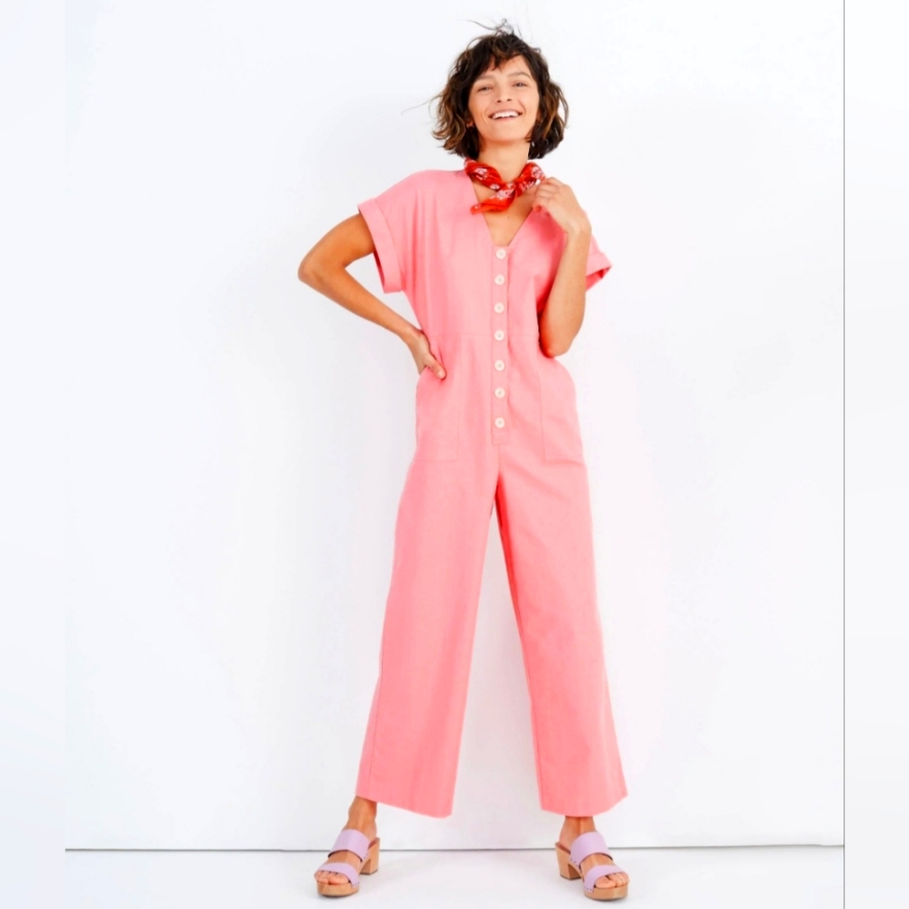 Madewell Pink Coral Button Front Day Jumpsuit Size 14 Onesie Spring Summer
